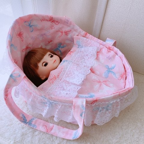 ⭐️人形用ベッド クーファン リボンいっぱい柄　ソランちゃん　メルちゃん