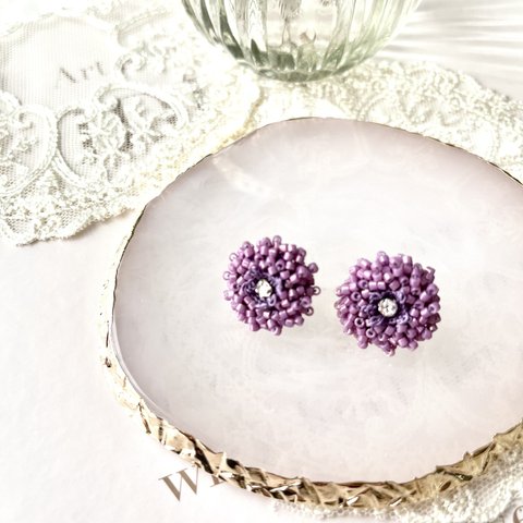 【ビーズクロッシェ】金平糖フラワーピアス（紫）