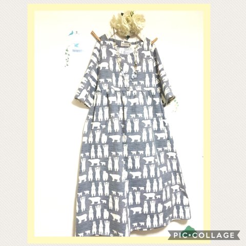 SALE❗️minne限定20%off在庫限り❤️あったか起毛❣️ネル素材しろくま☆ギャザーのロング丈 6〜7分袖(グレー)