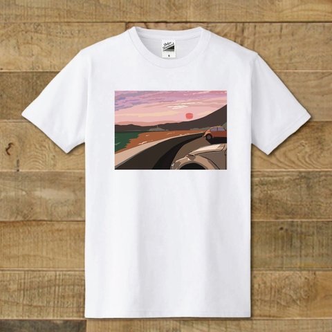  湘南イラスト・Tシャツ　七里ヶ浜パーキングから望む江ノ島の夕暮れ「落陽の空景色」 
