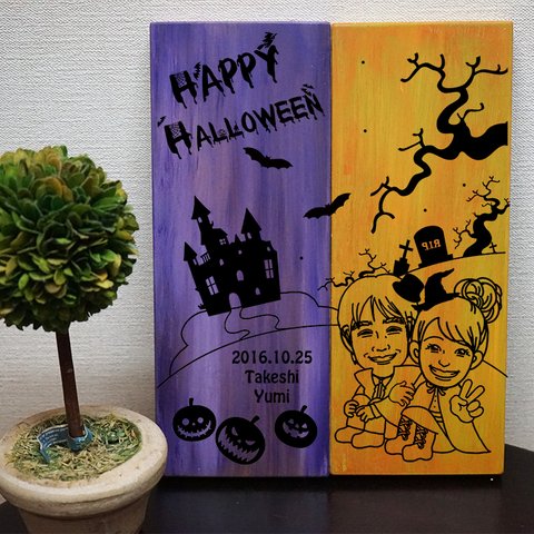 似顔絵付きハロウィーンボード！アンティークウッド♪ウェルカムボードにも♪