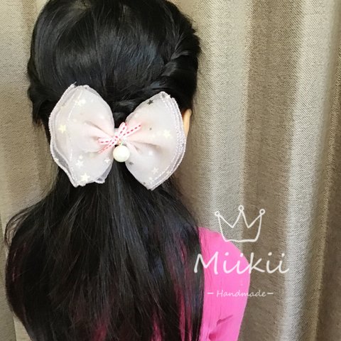 大きなリボン🎀揺らす(ゆらゆら) 目立つ　可愛らしい　子供髪飾り🎀ヘアゴム【パープル、ピンク】チュールリボン