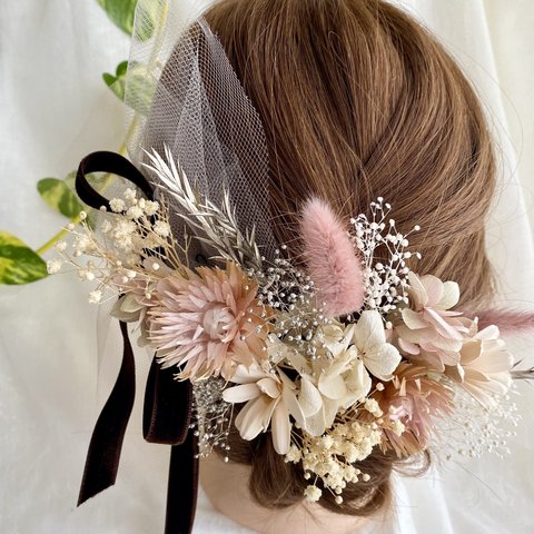 髪飾り　ドライフラワー　ベロアリボン　チュール　くすみピンク　結婚式　成人式　ブライダル  ウェディング 