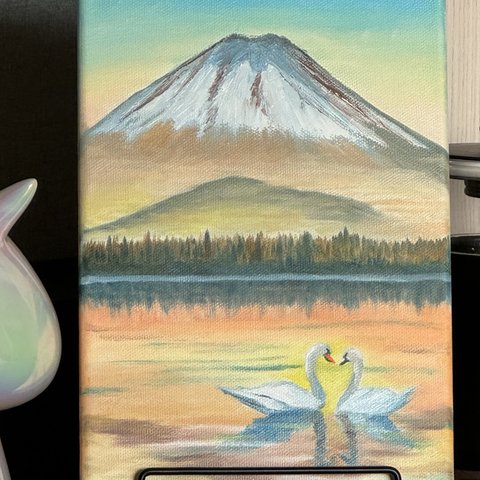 手描き油絵原画-富士山と白鳥