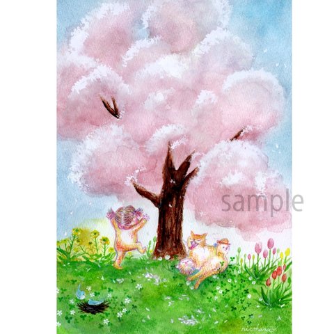透明水彩画 桜の木下で猫と赤ちゃんとハリネズミA5～
