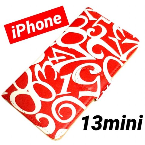 iPhone13miniケース　手帳型　数字　かっこいい　メンズ　レディース　レッド　13mini手帳型ケース　モード　ストリート　　　オシャレ　大人可愛い　赤