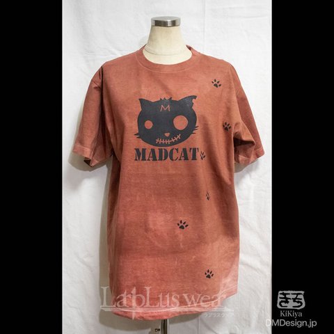 (L)手染め+プリント一点もの「赤茶」MADCAT黒猫Tシャツ（1-439）
