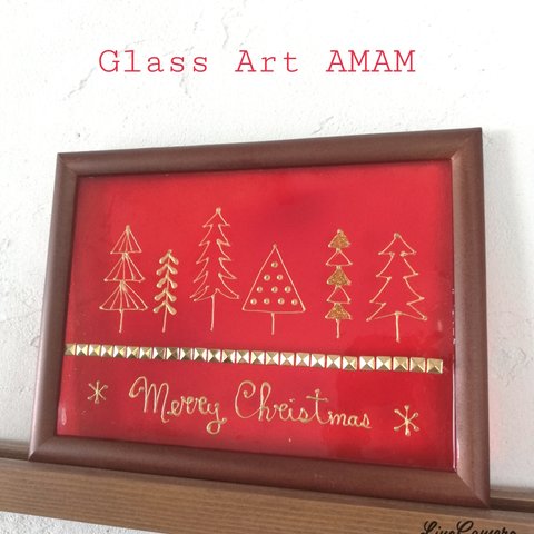 Glass Art AMAM クリスマス　レッド　ガラスアート　フレーム　プレート