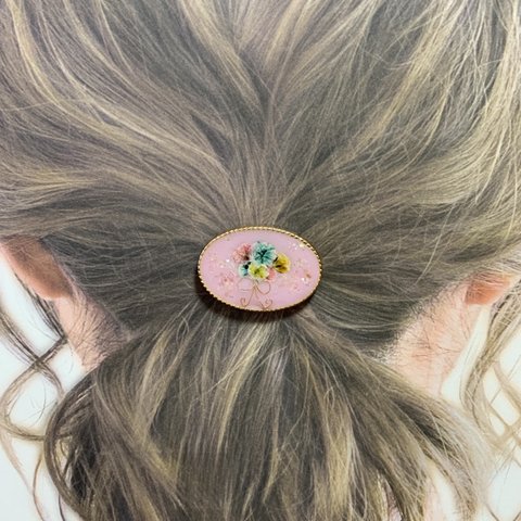 パステルかすみ草押し花ブーケ風ヘアゴム　桜色