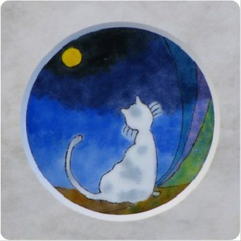 七宝額絵「月夜のネコ」