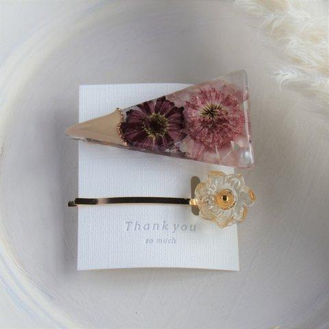 flower hair clip beige  お花の三角ヘアクリップセット 