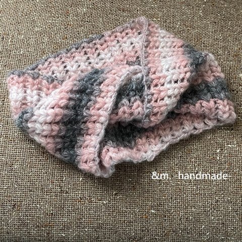 105　手編みのスヌード ピンク＆グレー　かぎ針編み