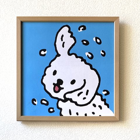 ブルブル水浴び（白犬）☆アートポスター☆30cm角　正方形