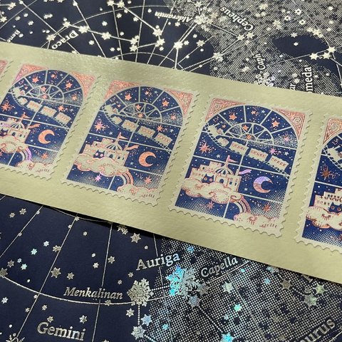 切手型箔押しシール5枚セット【窓外の銀河ピンクver.】