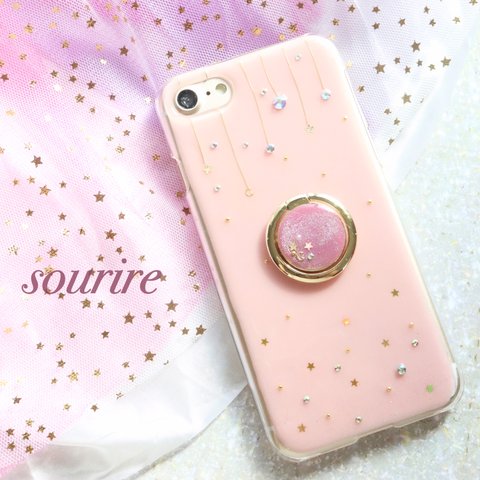 pink starry sky★ 星空　スマホリング付き　スマホケース 押し花スマホケース　iPhone13 iPhone12 SE2  Android Galaxy Xperia クリア　全機種  