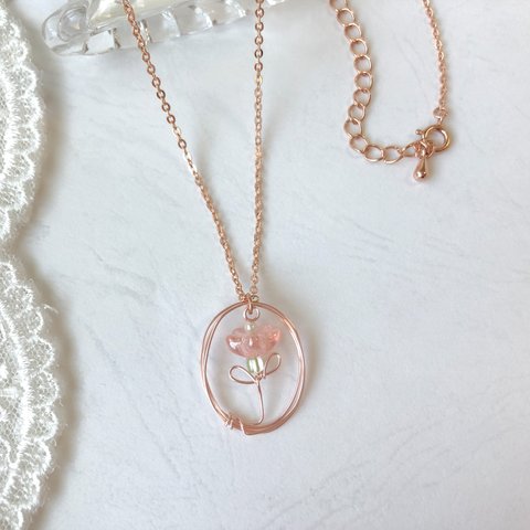 Pink gold【 額縁と桜 ⚘ ネックレス 】 お花 ワイヤーアクセサリー ピンクゴールド