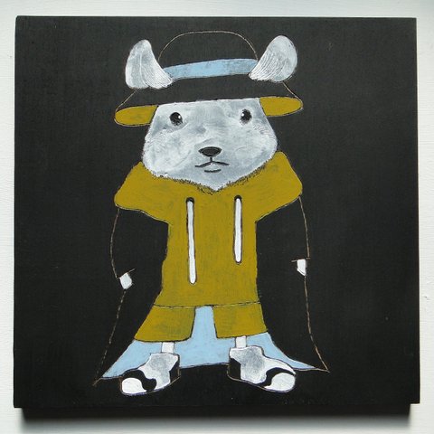 おしゃれ好きなネズミのウッドバーニングアート 原画 絵画 動物の絵 木雑貨 木工 アナログイラスト アクリル画