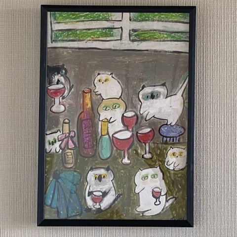 絵画 。壁掛け絵原画手描き【かわいい猫たちの楽しいワインパーティー】