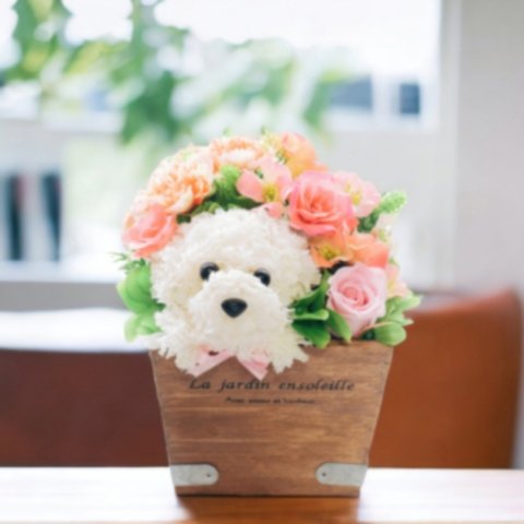 花の犬【花畑・ピンク】プリザーブドフラワー 犬 花 母の日 誕生日 カーネーション プレゼント お祝い お供え フラワーギフト