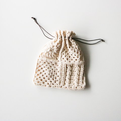 3種モチーフのクロシェ巾着　コットン×シルク　 Crochet pouch