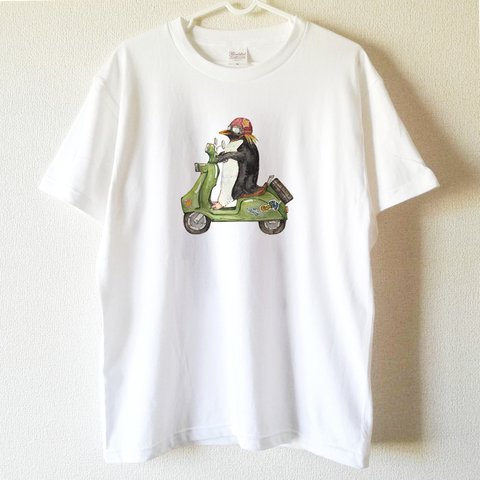 【送料無料】 イワトビペンギンのスクーター白Tシャツ～子供から大人までみんなで使える13サイズ～