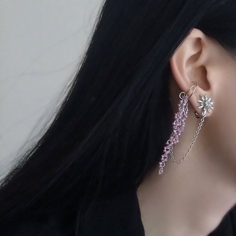 Weeping Pinks Earring ＆ eyer cuff　枝垂れ桜のイヤリングとイヤーカフセット！ピンク×シルバー