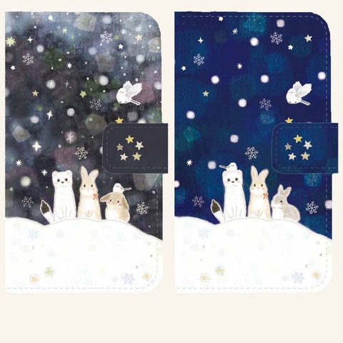 手帳型スマホケース⭐︎雪とうさぎとオコジョとシマエナガ⭐︎送料無料