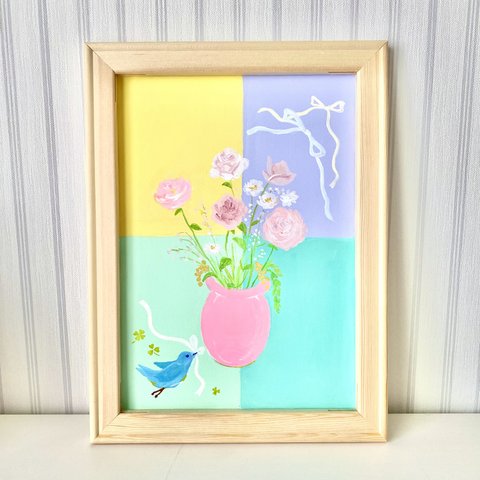 ♡お花と青い鳥とリボン の部屋が明るくなるカラフルアクリルアート♡ 世界に一点だけ♡