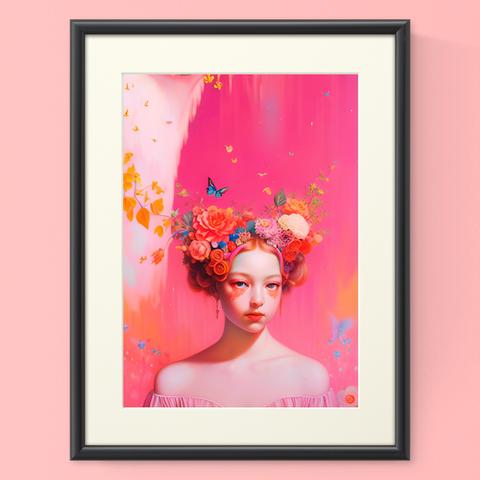『原画』ゆめかわいいコーラルピンクでメルヘンチックな女の子と花や蝶 グラフィック絵画