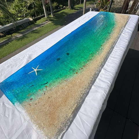 新　ビッグサイズ　壁掛けアートパネル 夜光虫　エメラルドブルーの海ムーンビーチ　150×40