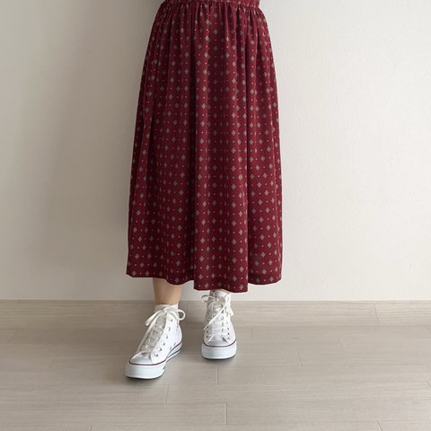 可愛いレトロ柄♥大人の赤色スカート【選べるスカート丈】　赤　ギャザースカート　ロング