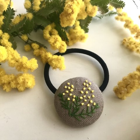 mimosa_刺繍ヘアゴム_麻