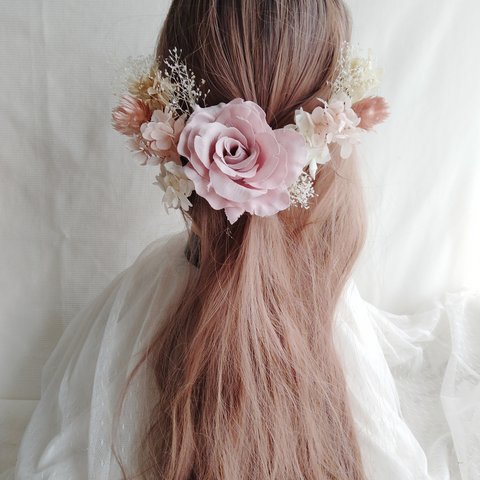 くすみピンク　バラ　薔薇　ばら　成人式　卒業式　結婚式　髪飾り　ヘッドドレス　ヘッドパーツ　フォトウェディング　和装　振袖　着物　袴