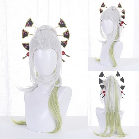 「ウィッグネット付き」コスプレかつら 梅 堕姫 鬼滅の刃 変装 コスプレグッズ 銀色と緑のグラデーション長髪 髪飾り付きない