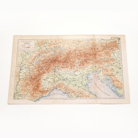 アルプス山脈の高度の地図 アンティークマップ 古地図 ヴィンテージペーパー 図版 マイヤー百科事典 1957-52