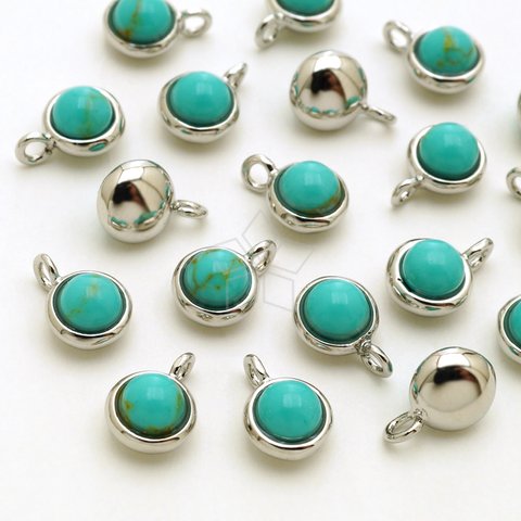 【2個入り】天然石！ターコイズ Turquoise 4mmラウンド一粒シルバーチャーム、パーツ／PD-2932-OR