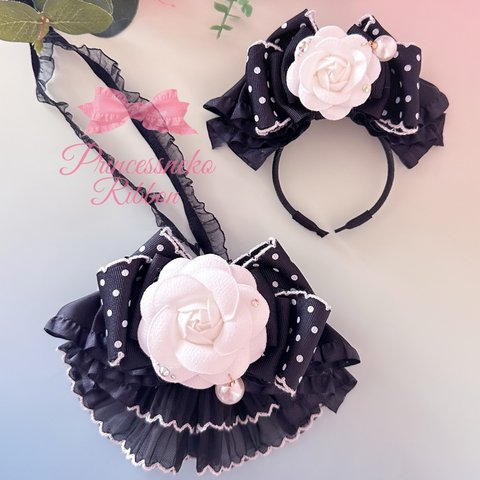 ペット用チョーカー&カチューシャセット🖤ブラックドット①🖤カメリア🎀robe🎀