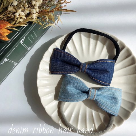 【　denim ribbon hairband   】