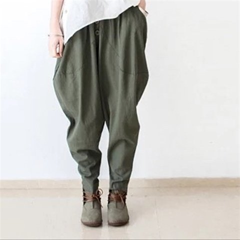 💚 オリジナル コットンリネン 女性の緩いハレンチワイドパンツリネン ズボン ブーツに合うズボン👖