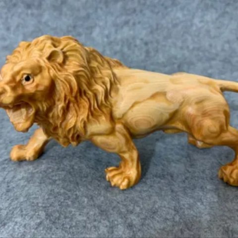 極上彫 木彫り 置物 ライオン 動物 細密彫 精密彫刻 