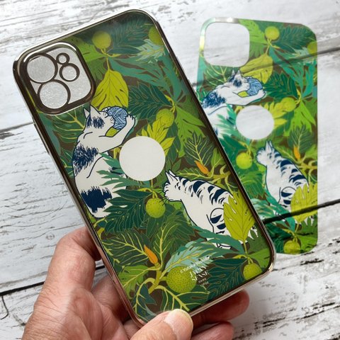 iPhone 12Pro用浮世絵ネコさん＆ハワイアンフラワー3Wayメタリックバンパーソフトクリアケースセット・ウル（パンの木）