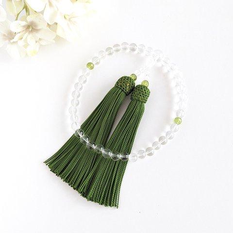 【女性用/主玉7mm】ペリドットと天然水晶の数珠・略式念珠/正絹柳房 ～Peridot 8月誕生石～