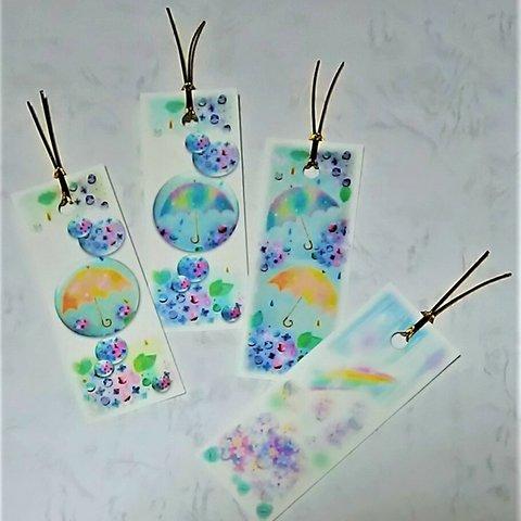 雨傘と紫陽花の栞(しおり)　パステルアートのブックマーク