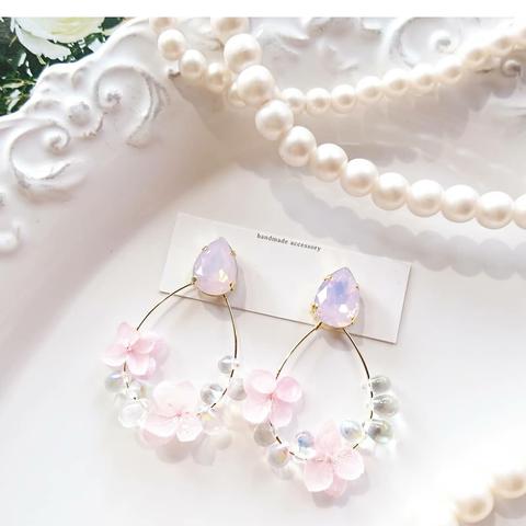 再販 パステルpinkビジュー ×キラキラ紫陽花フープピアス/イヤリング