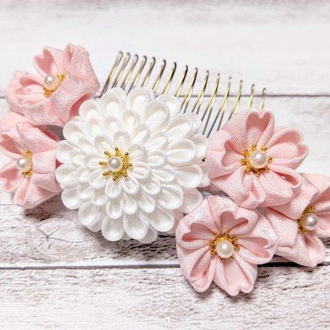桜 つまみ細工の髪飾り ヘアコーム【ピンク･白】