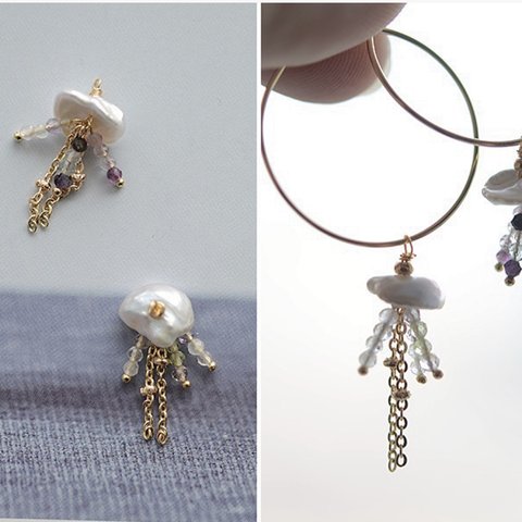 Tiyo Handmade クラゲ模様淡水真珠天然石　チェーン　ペンダント　ピアス　アクセサリー　tm40