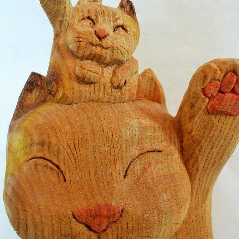 ♪招き猫♪右手と左手♪ダブル招き猫♪木彫りです♪