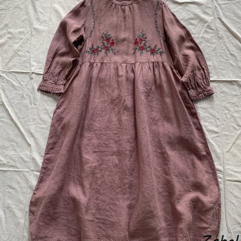 【ピンク/赤】リネン100％・刺繡の牡丹ドレス・ロングスカート♥︎プルオーバースカート