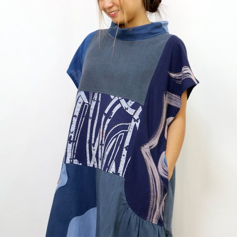 藍染め手織り綿手描き刺繍ワンピース、ゆったりサイズ、オールシーズン