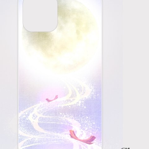 【iPhoneほぼ全機種対応】『つきあかり』スマホカバー　月　幻想的　風景画　ラベンダー　ピンク